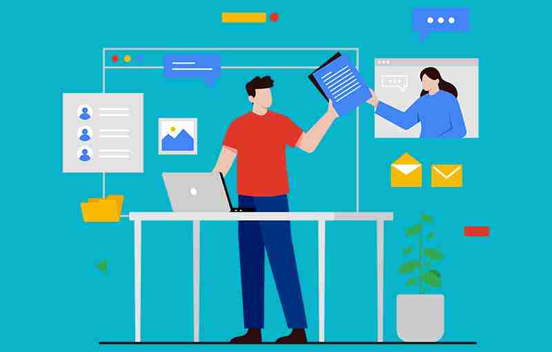 A flat illustration of a man working at a desk with a laptop.