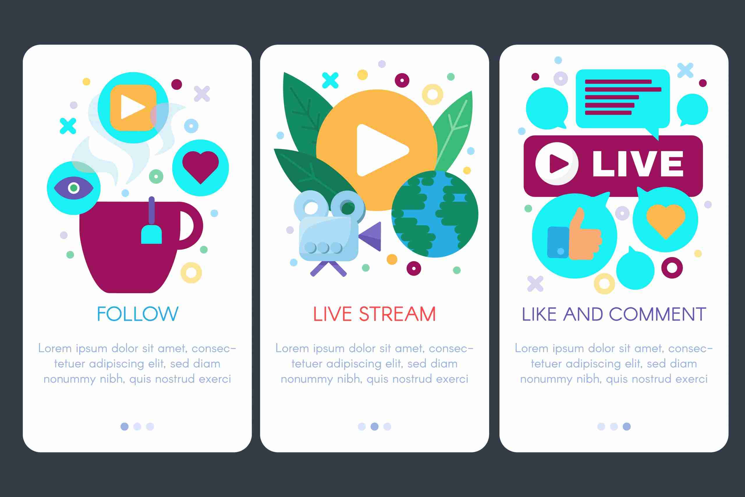 A set of social media icons, including a live stream, a follow button, and a subscribe button.