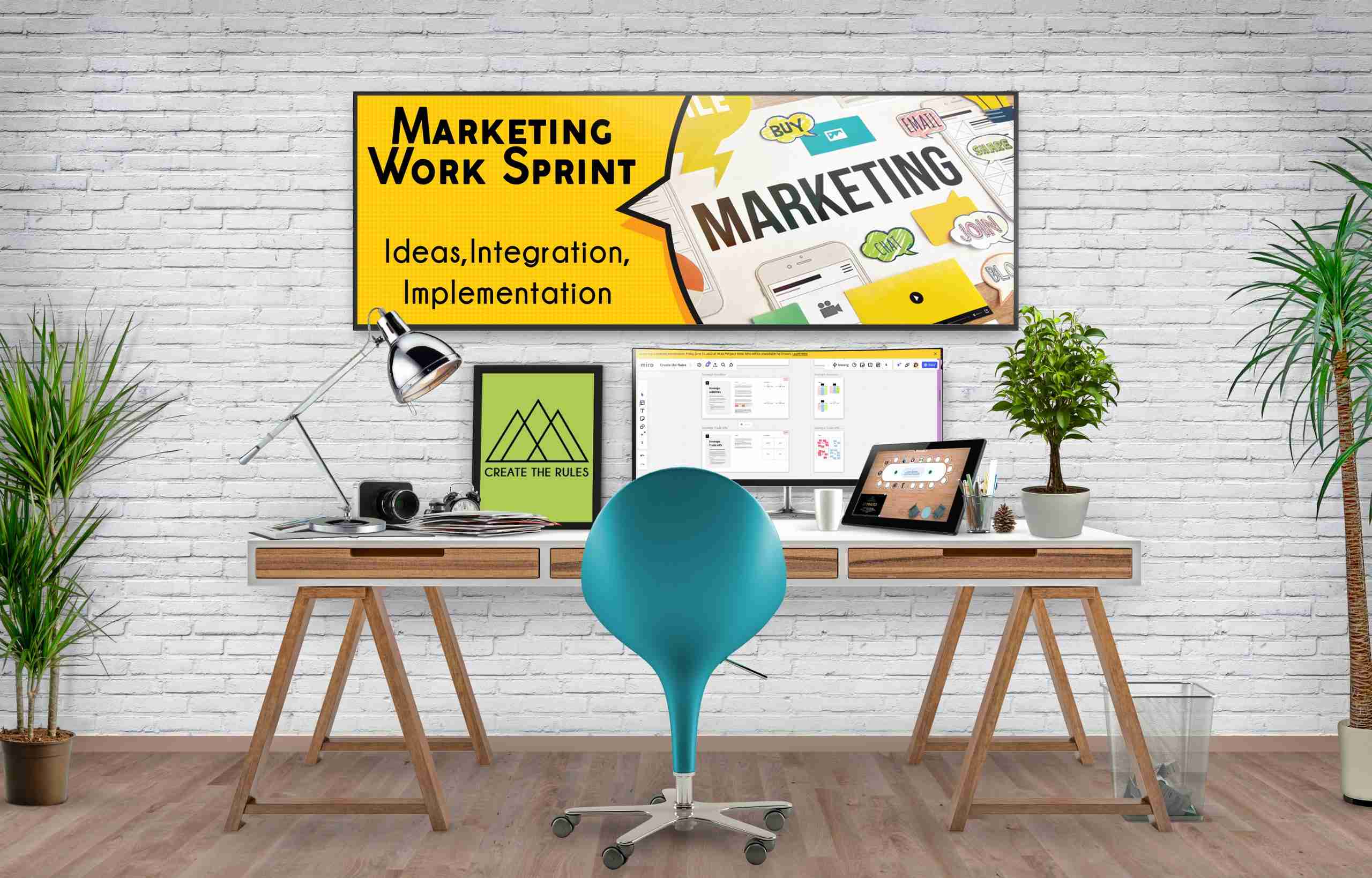 A desk with a blue chair and a banner that says marketing work synergy.