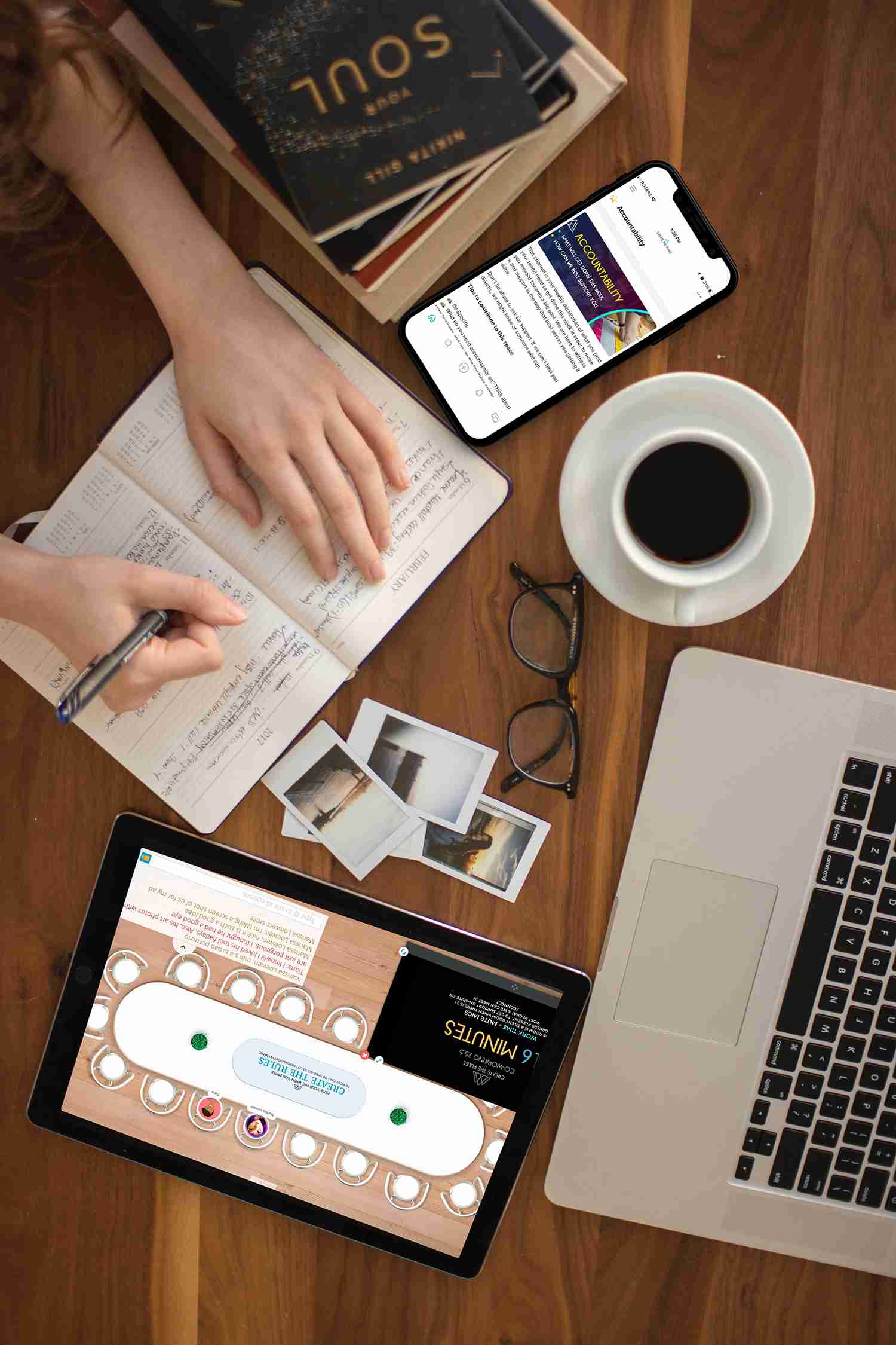 A vertical picture of someone sitting at a desk with both the private community and the online virtual workrooms of Create the Rules Catalyst Open