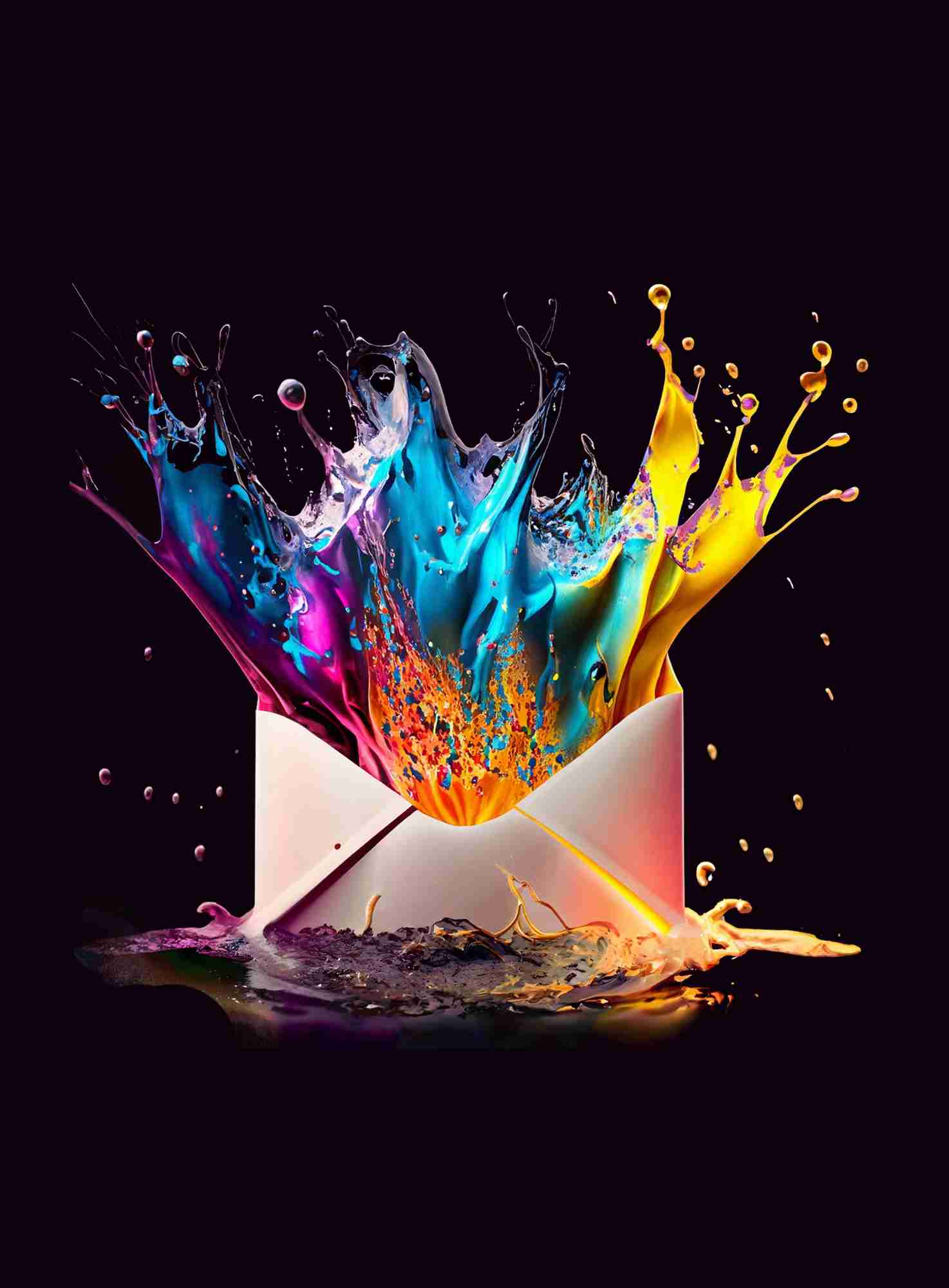 An envelope with colorful paint splashing out of it.