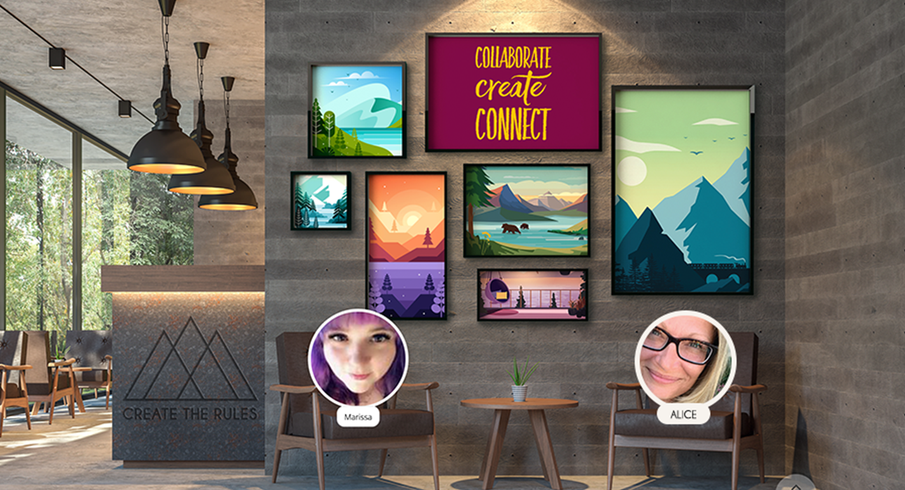 Alice & Marissa inside the Cafe Chat Virtual Workroom in Create the Rules Catalyst