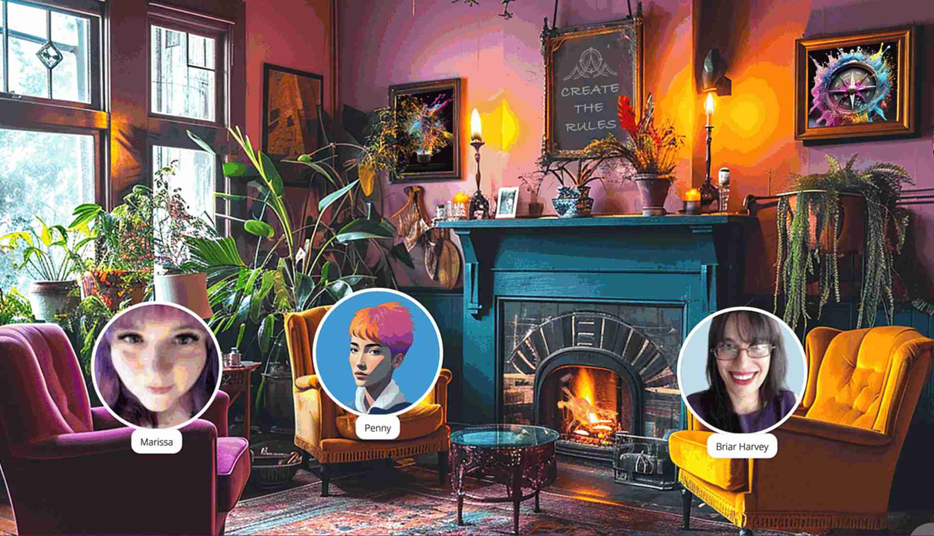 A group of people are sitting in a room with a fireplace.