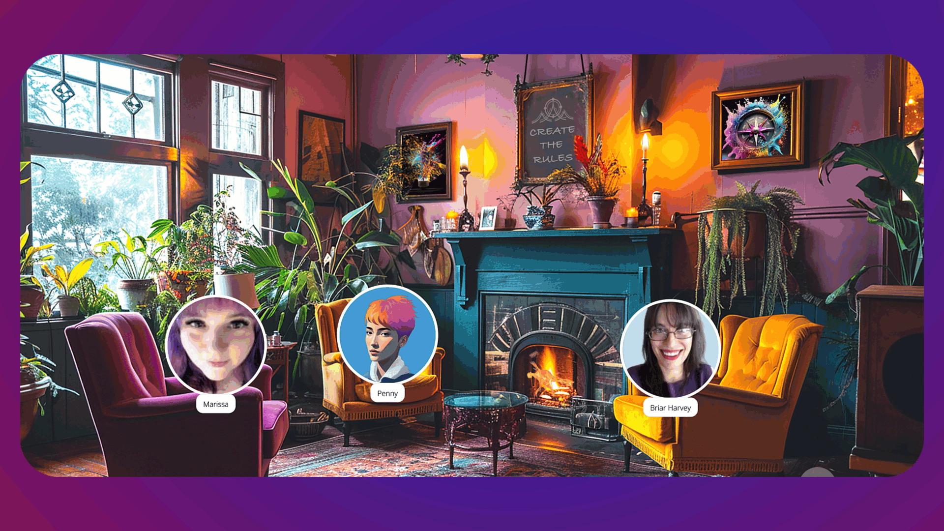A group of people sitting in a room with a fireplace. A group of people sitting in a room with a fireplace.