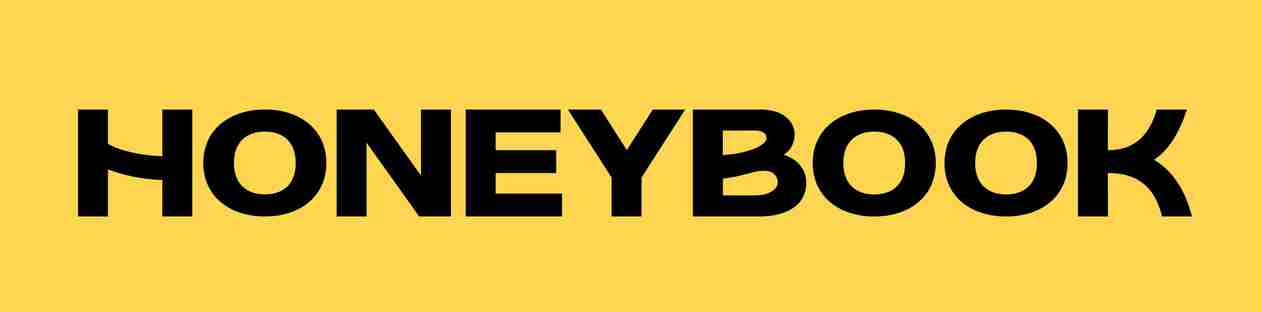 Logo of honeybook on a yellow background.