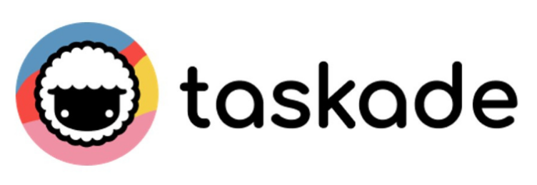 Logo of taskade featuring a stylized sheep head within a colorful circle next to the brand name in lowercase letters.