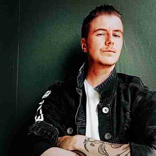 A person with short hair and tattoos on their forearm, wearing a dark jacket and white shirt, stands against a green background.
